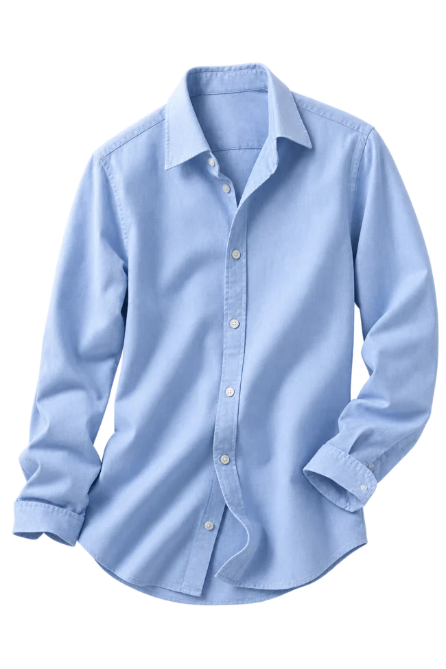 A blue cotton shirt, isolated from its background